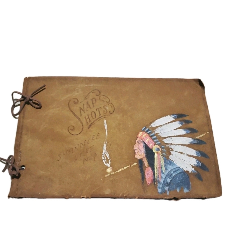 Vtg Snap Shots Native American Leather Hand-Painted Cover Only Shandelee Lake NY